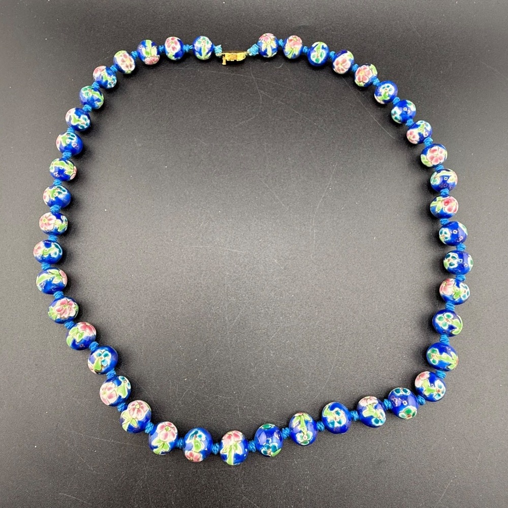 Vintage Chinese Cloisonne Enamel Necklace Blue 26" - Picture 6 of 10